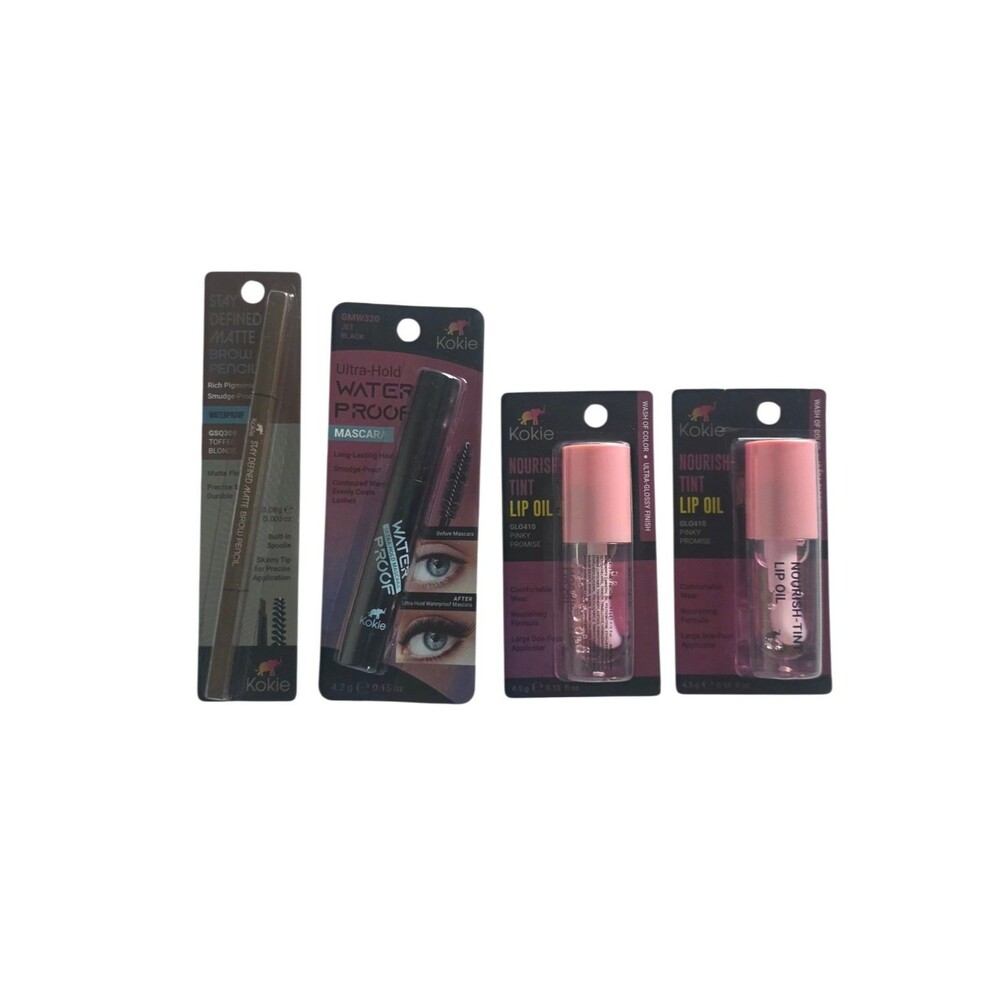 Kokie Nourish Tint Lip Oil , Mascara &Matte Brow Pencil Glossy ~4pk